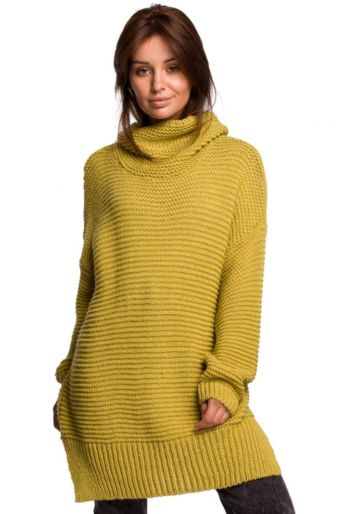 Sweter Damski - Gruby Oversize Z Golfem - limonkowy